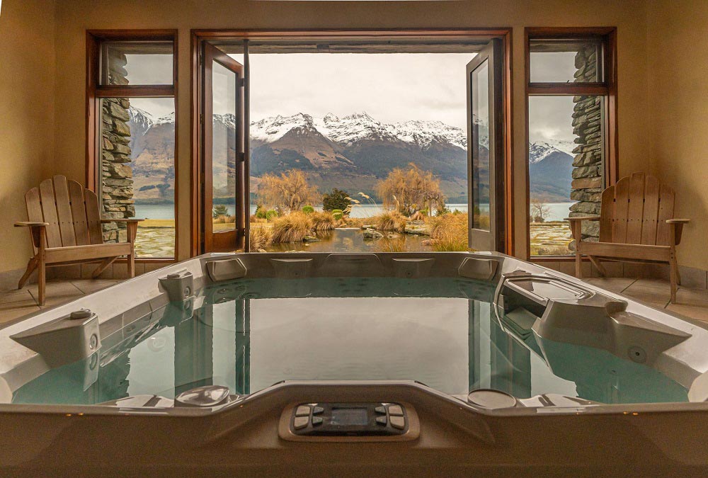 Indoor hot tub at Blanket Bay luxury lodge
