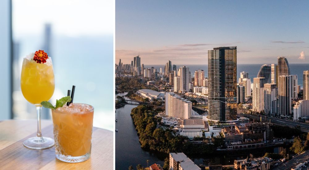 Cocktails at Q1 Skyclimb and an exterior view of Dorsett Gold Coast