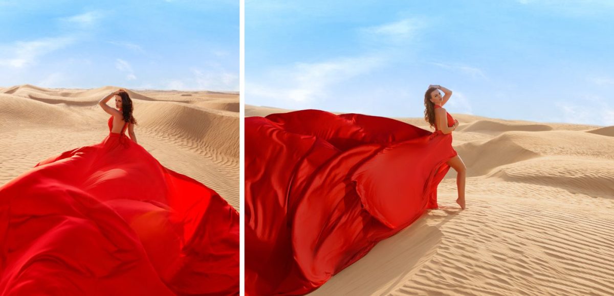 women in red dress standing in desert