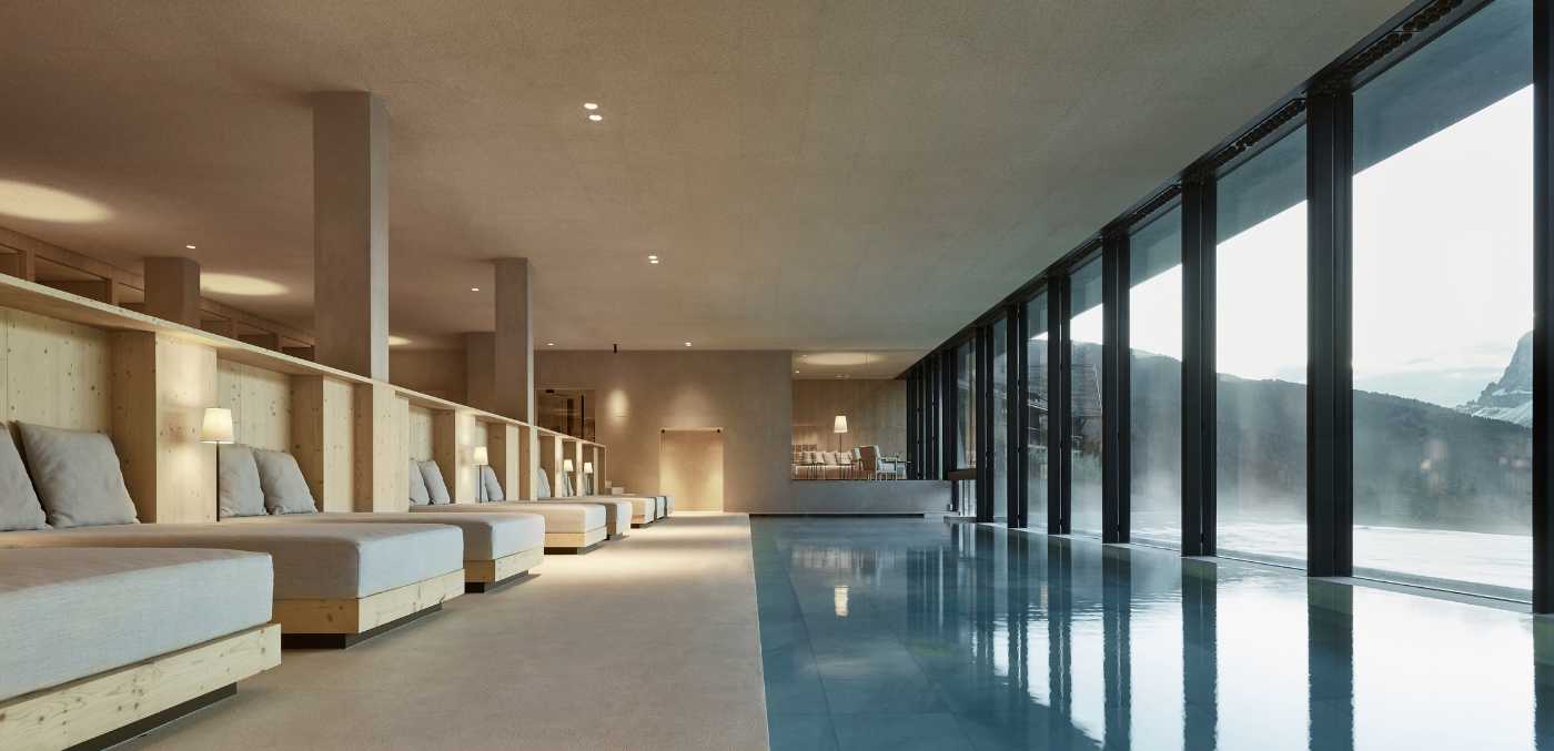 spa zone and pool at Forestis Dolomites.
