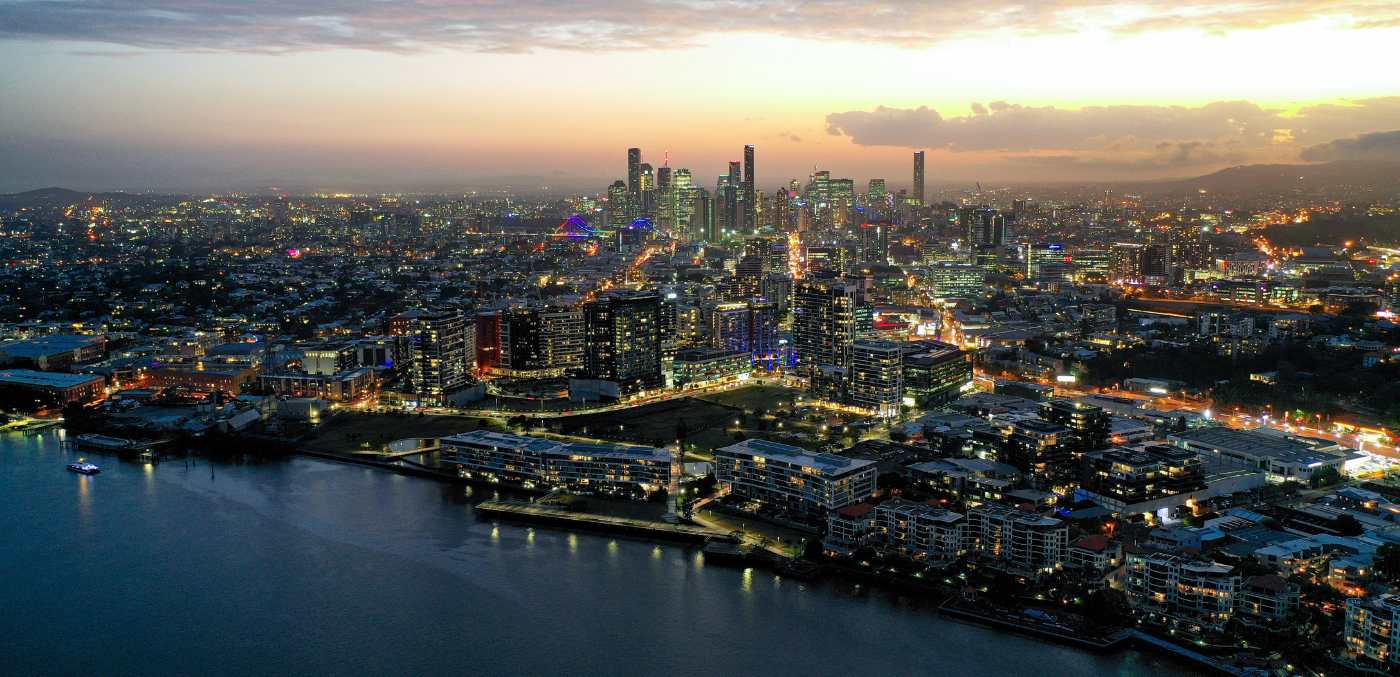 Brisbane city from above at night.