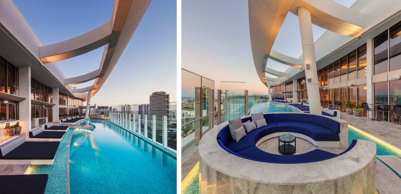 rooftop pool bar and circular seating area