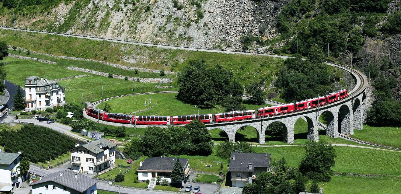 Winding around villages on the Bernina Express
